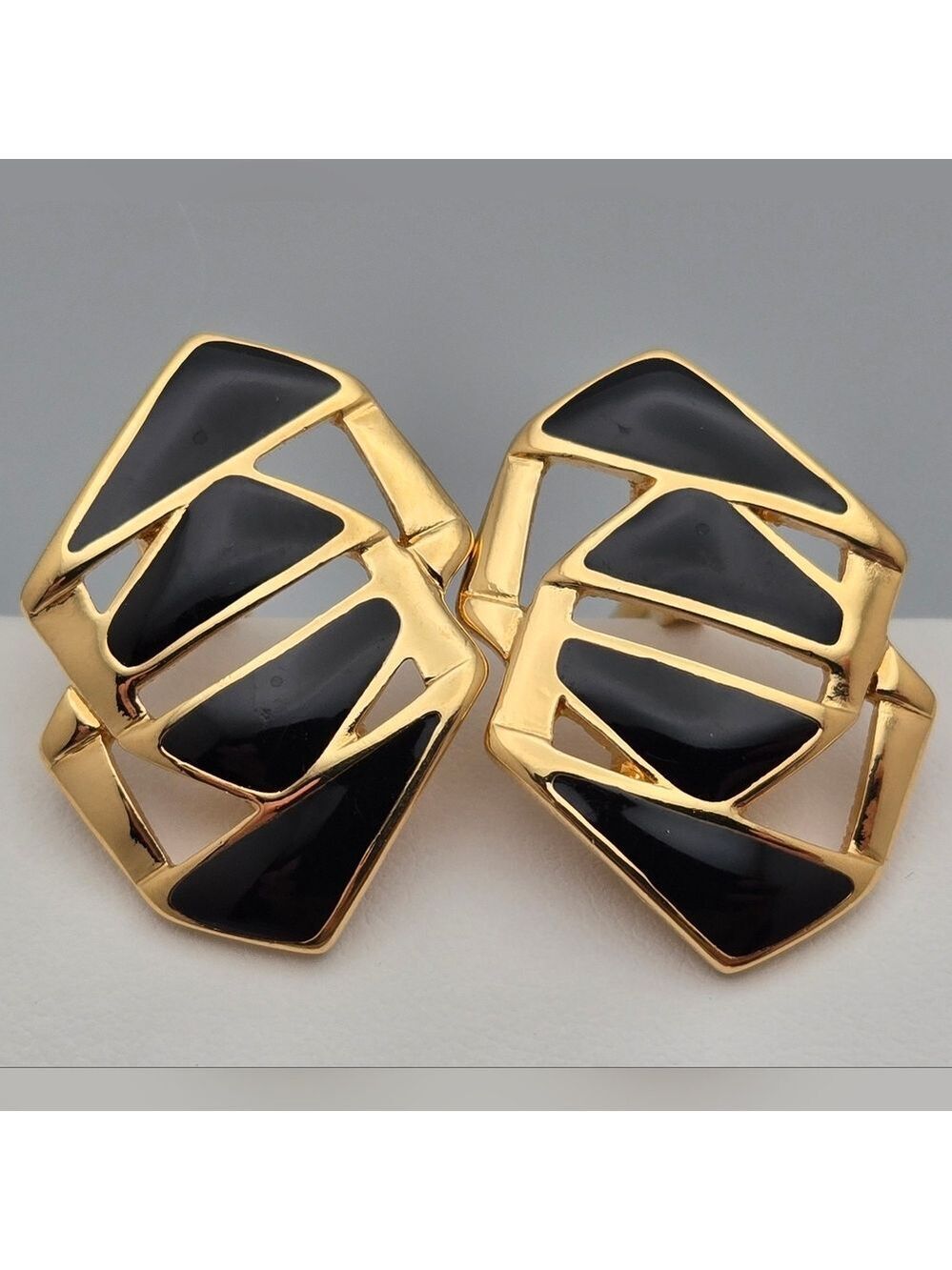Vintage Monet Black Enamel Geometric Clip-On Earrings 1980s